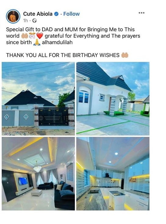 Cute Abiola buys parents a house 