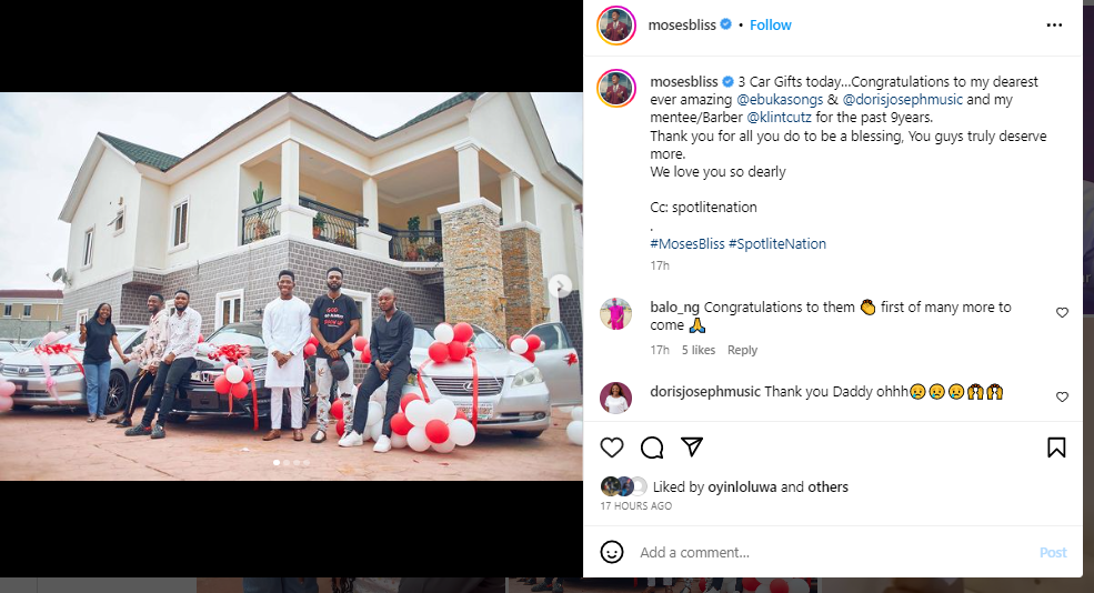 Gospel singer Moses Bliss gifts three(3) cars to his new signees and his barber